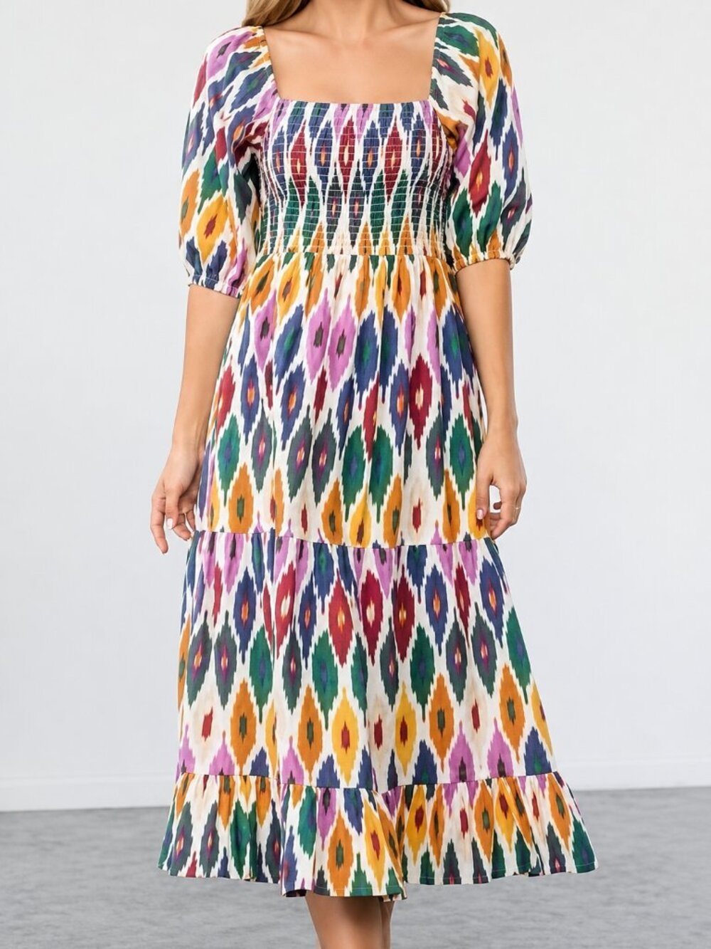 THML Rainbow Ikat Tiered Puff Sleeve Smocked Square Neck Midi Dress Size Medium